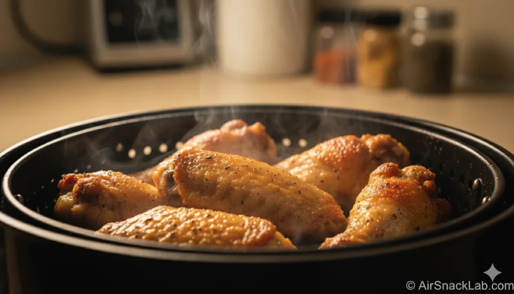 Chicken wings sizzling and turning golden inside an air fryer basket.