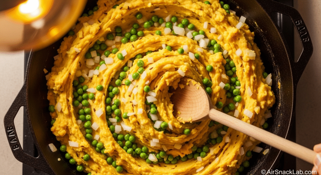 Pan filled with mashed potatoes, peas, onions, and Indian spices being stirred with a wooden spoon – © AirSnackLab.com