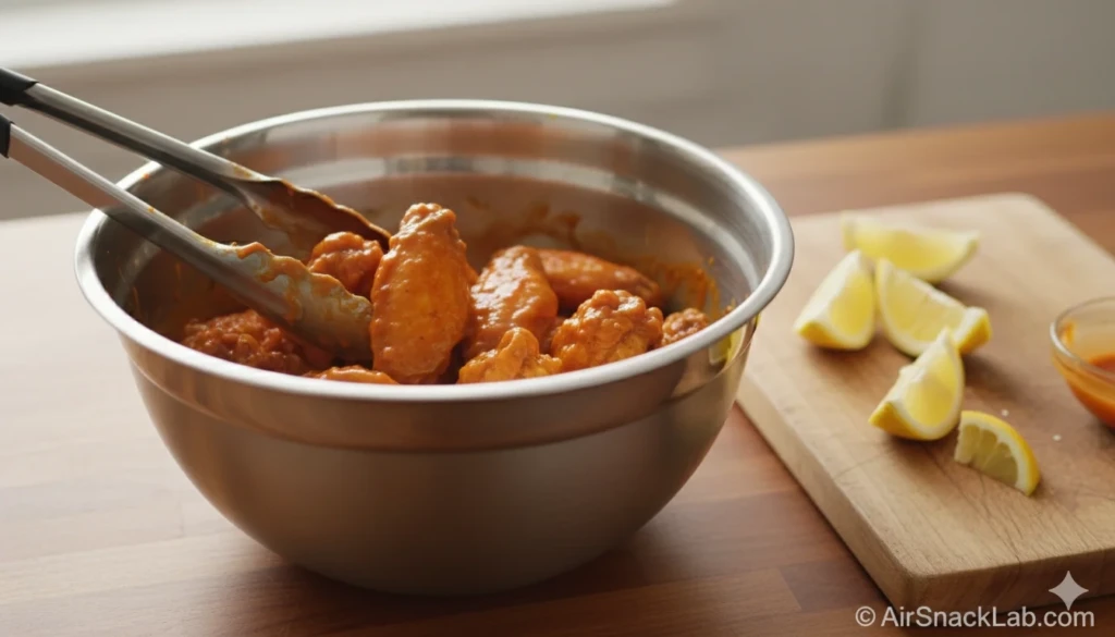 Air-fried chicken wings being coated with buffalo sauce in a mixing bowl.