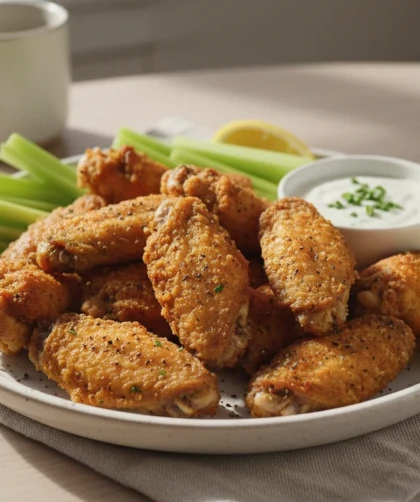 Golden crispy air fryer chicken wings on a plate with celery and dip.