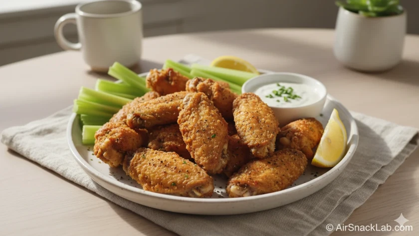 Golden crispy air fryer chicken wings on a plate with celery and dip.
