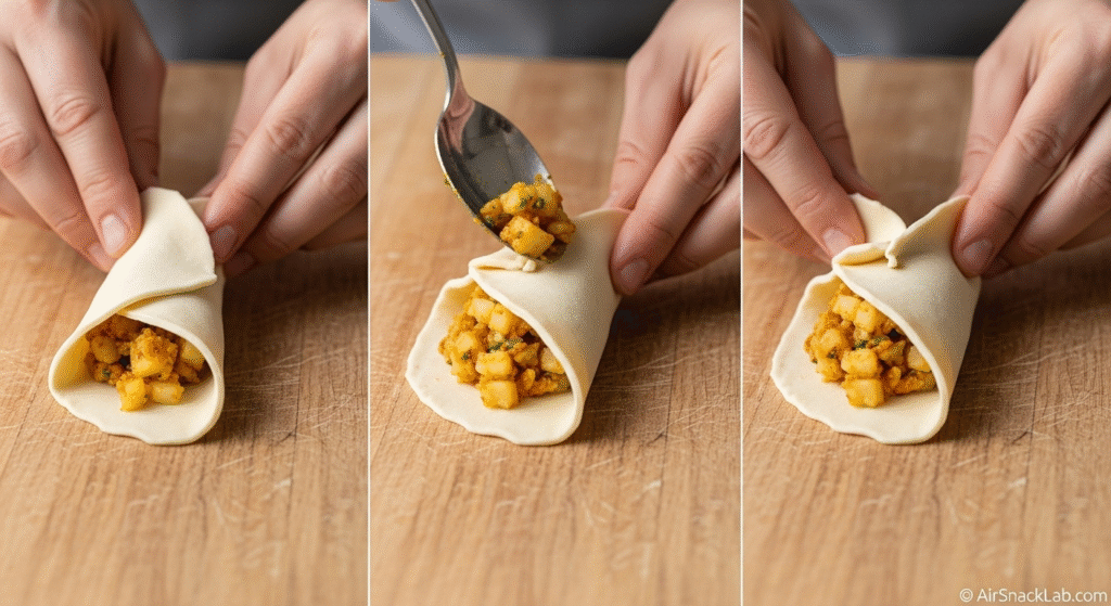 Hands folding a samosa pastry cone and adding potato filling on a wooden board, step-by-step cooking shot – © AirSnackLab.com