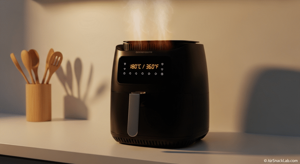 Preheating air fryer to 180°C / 360°F before cooking samosas – © AirSnackLab.com