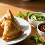 Golden air fryer vegetable samosas with chutneys – © AirSnackLab.com