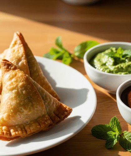 Golden air fryer vegetable samosas with chutneys – © AirSnackLab.com