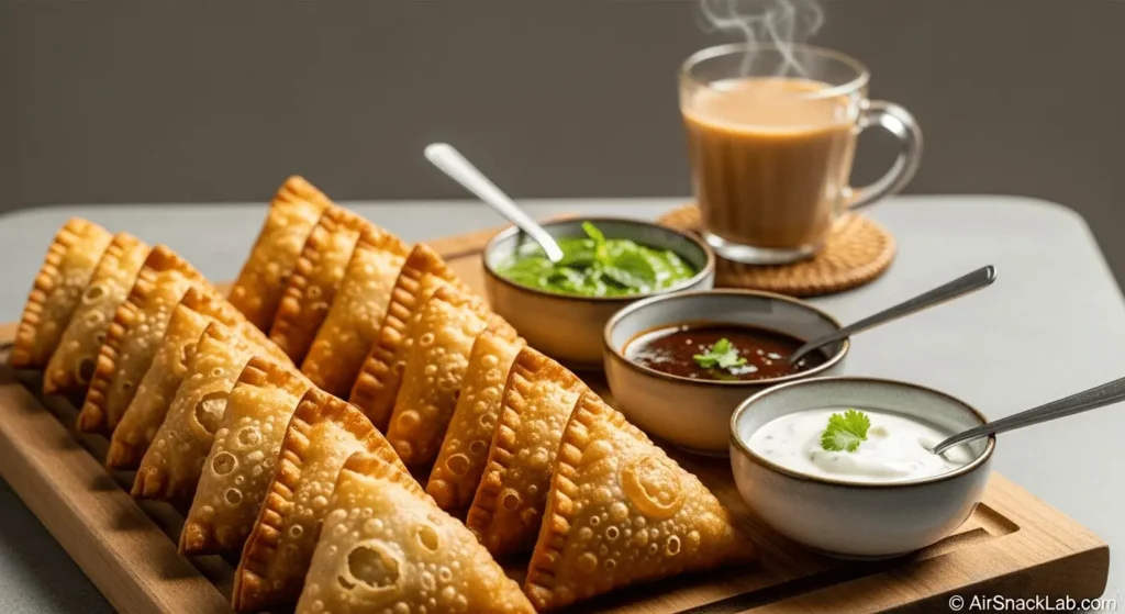 samosa with vegetable filling served with chutney and yogurt