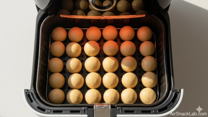 Cardamom air fryer donut holes with saffron-lemon glaze, pistachio, and rose.