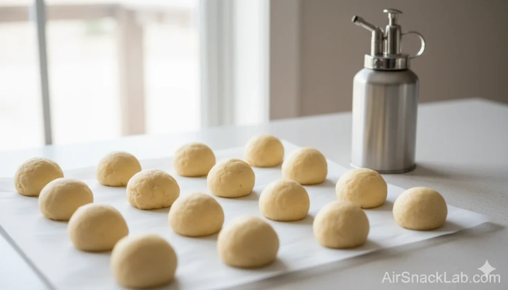 Biscuit quarters rolled into donut holes for air frying.