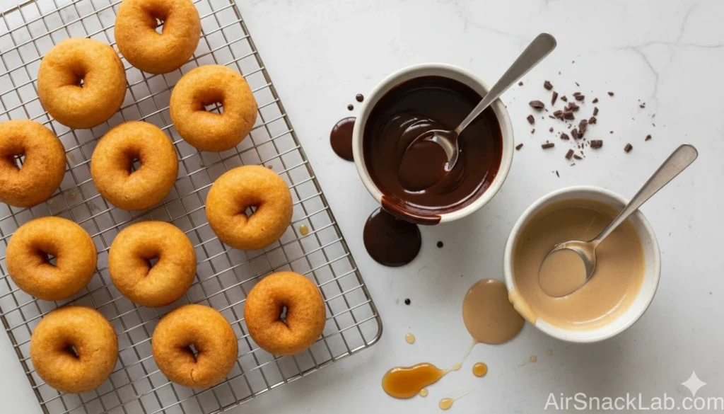 Dipping a donut hole into saffron-lemon glaze.