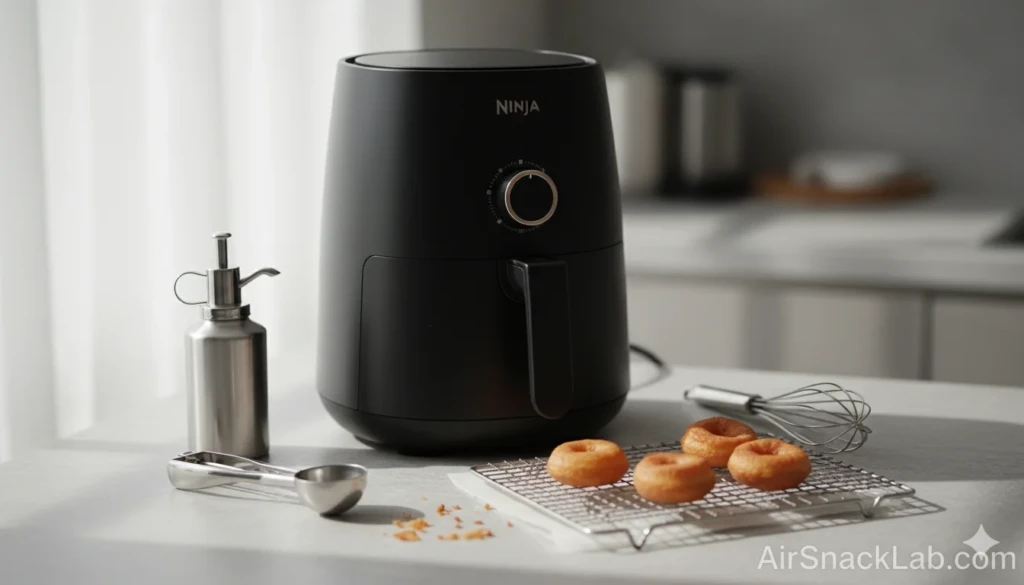 Basket air fryer with tools for making donut holes.
