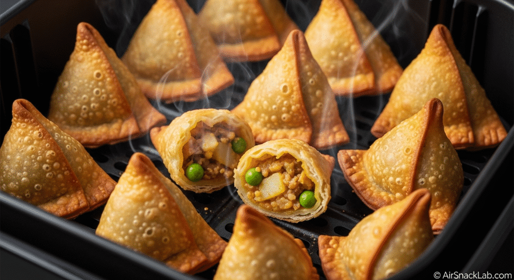Close-up of golden air fryer samosas halfway cooked in a black basket, steam rising and crisp texture visible – © AirSnackLab.com