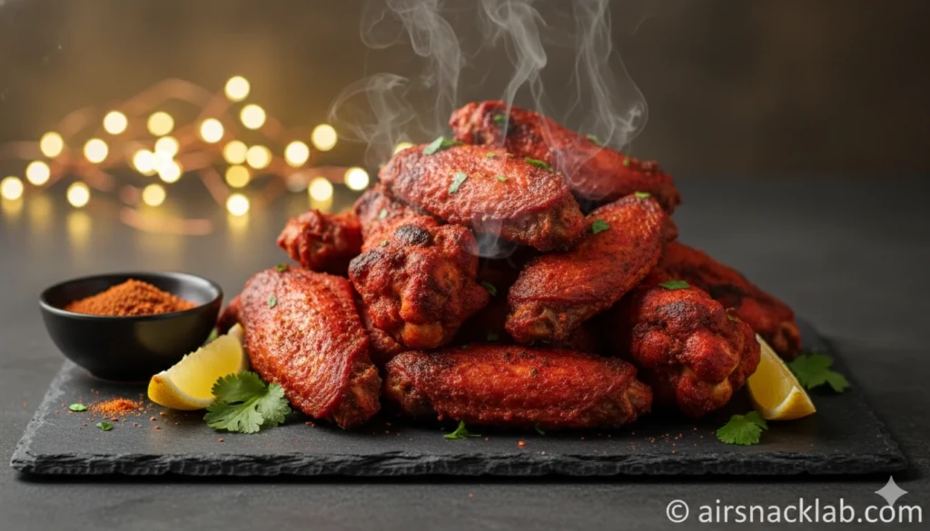 Crispy red tandoori chicken wings with lemon and cilantro.
