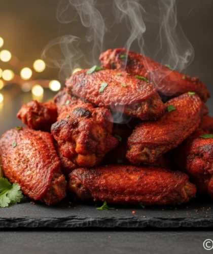 Crispy red tandoori chicken wings with lemon and cilantro.