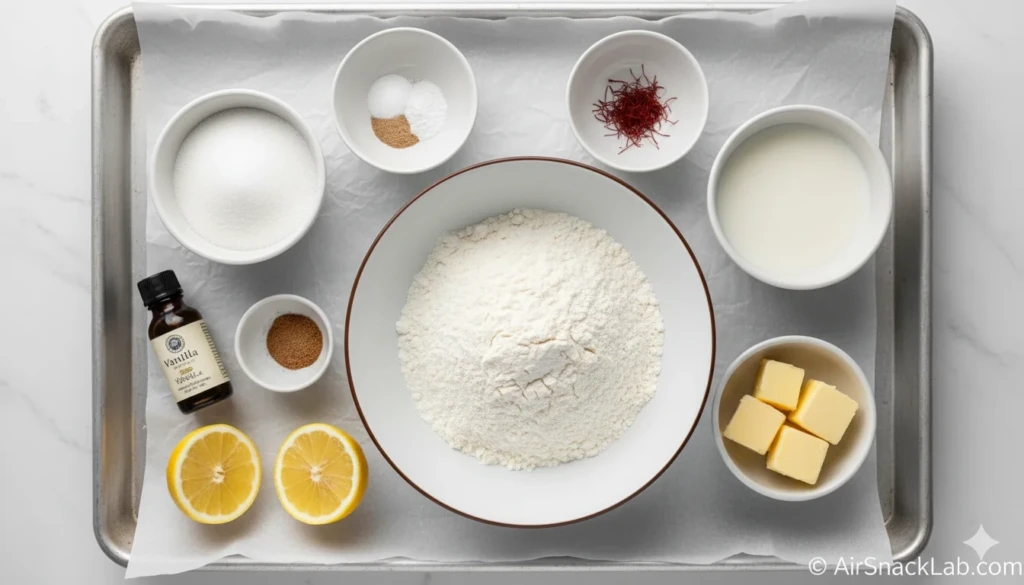 Flat-lay of ingredients to make air fryer donut holes
