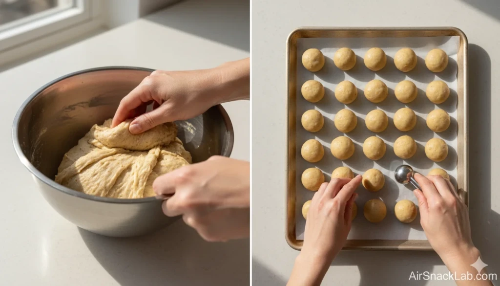 Shaping no-yeast air fryer donut hole dough balls.