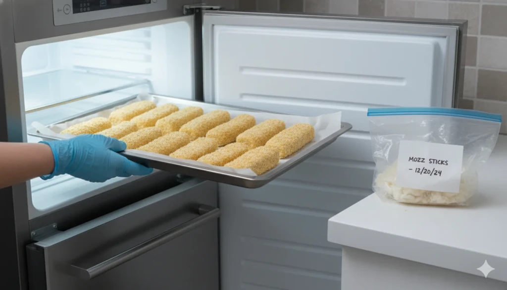 breaded mozzarella sticks ready for freezer