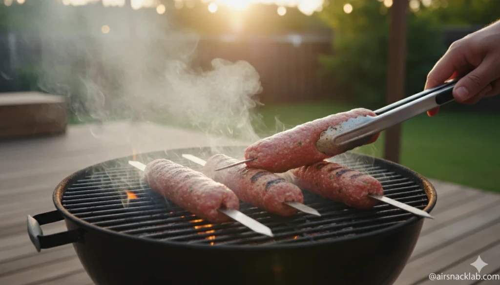 Chicken seekh kabab grilling with char marks