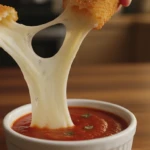 air fryer mozzarella cheese sticks with marinara dip and cheese pull