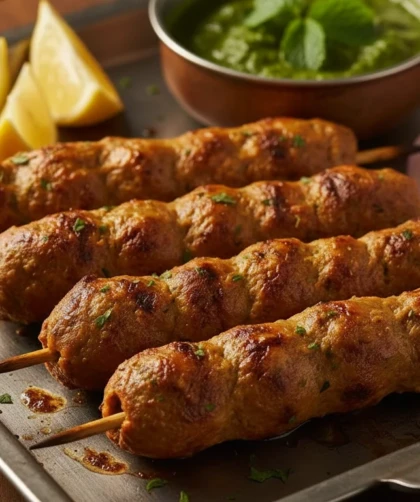 Healthy chicken seekh kabab skewers with chutney and lemon.”