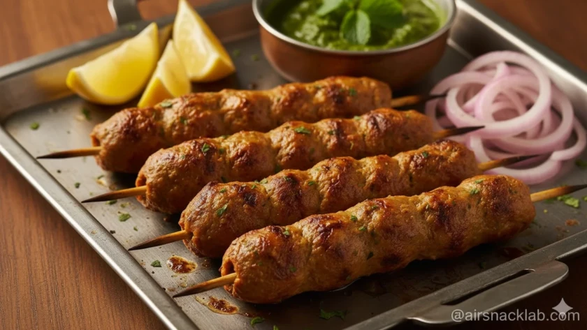 Healthy chicken seekh kabab skewers with chutney and lemon.”