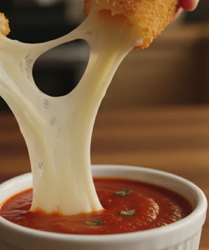 air fryer mozzarella cheese sticks with marinara dip and cheese pull