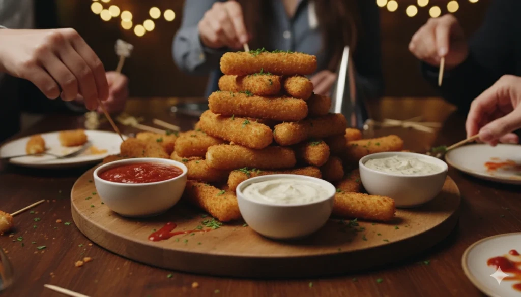healthy mozzarella sticks for game day snack with sauces