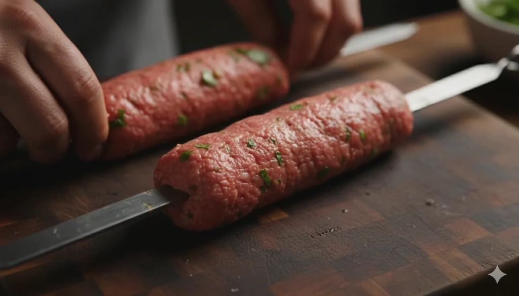 Shaping chicken seekh kabab around skewers