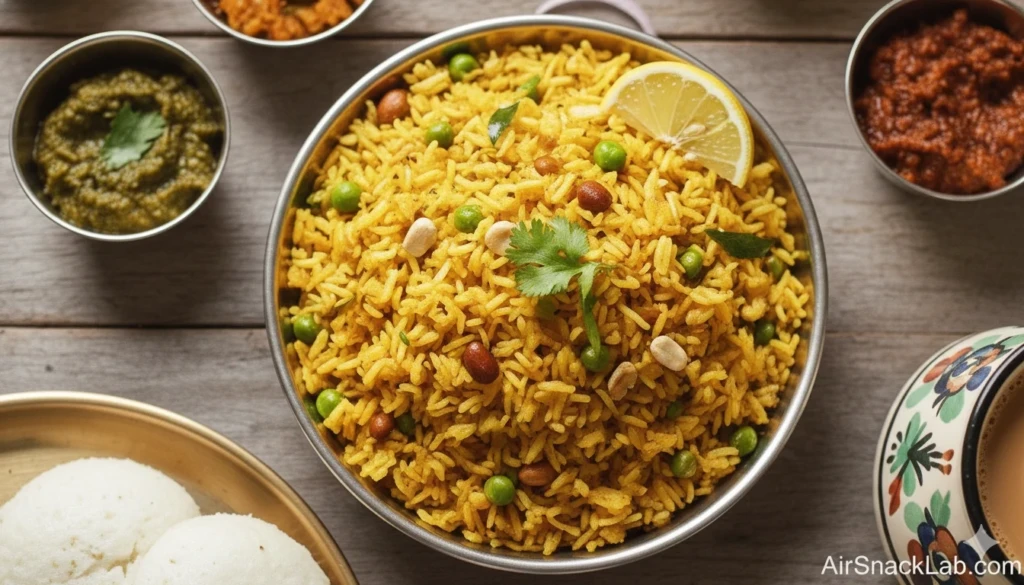 Bowl of fluffy poha with peanuts, potatoes and peas