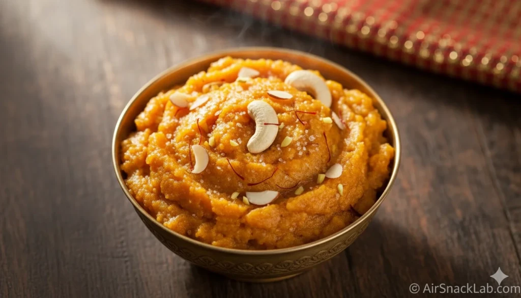 Bowl of sooji halwa garnished with nuts and saffron