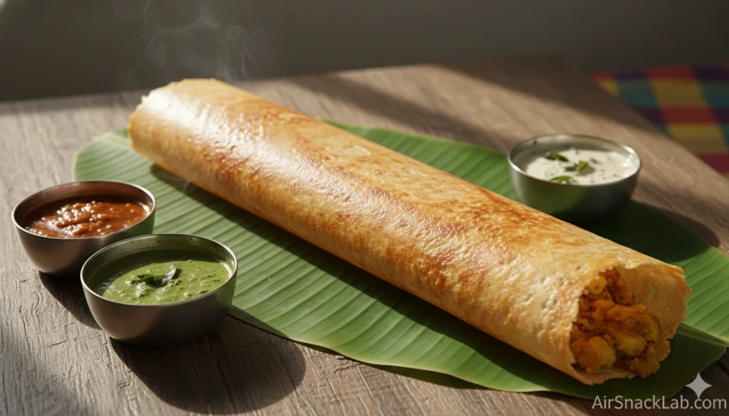 Crispy masala dosa with potato filling and chutneys