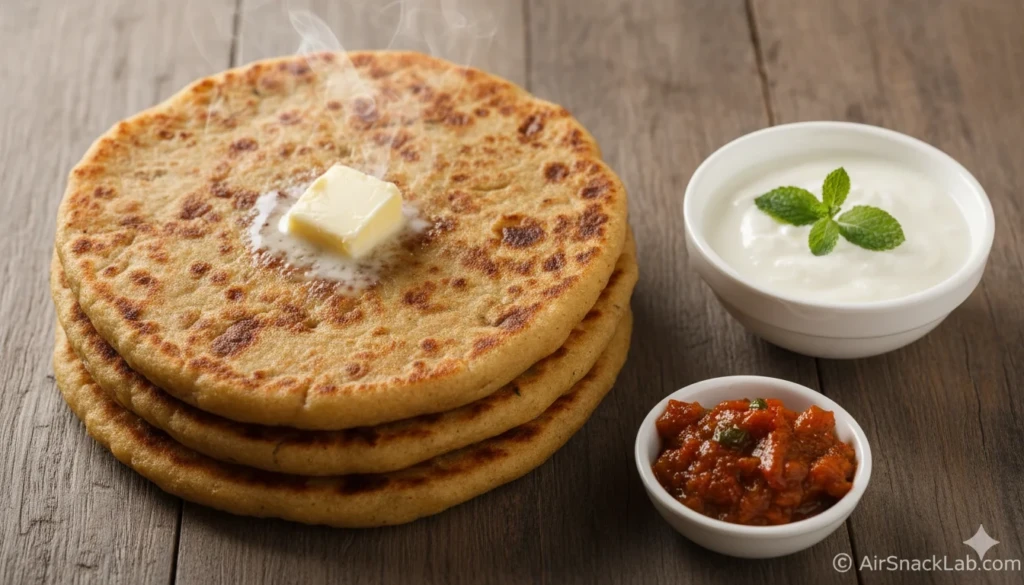 Stack of aloo parathas with butter, yogurt and pickle