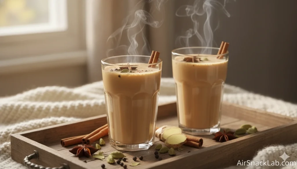 Glasses of hot masala chai with spices on a tray