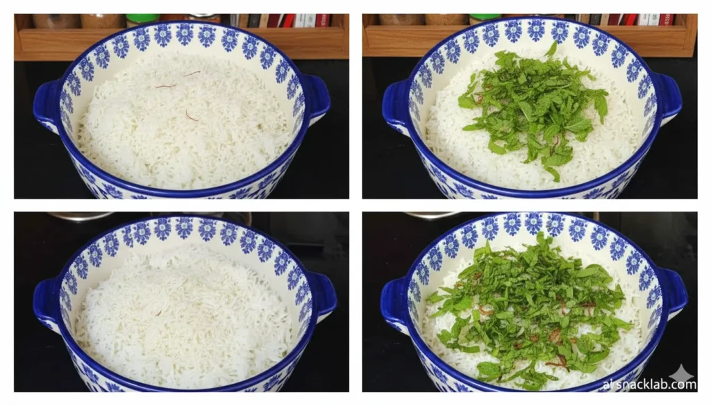 layering dum biryani in a dish