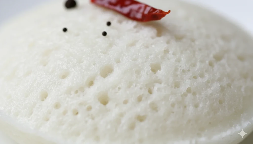 Close-up view of soft and fluffy idli texture used for idli with sambar & coconut chutney
