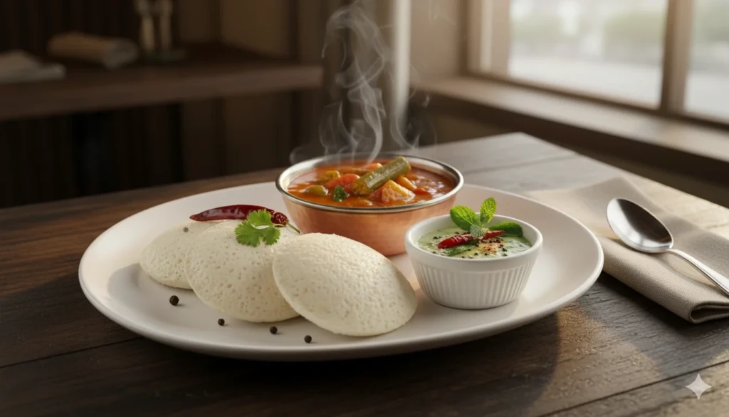 Hot idli with sambar & coconut chutney served as a South Indian breakfast
