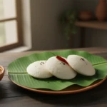 Soft idli with sambar & coconut chutney served on a traditional South Indian plate