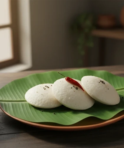 Soft idli with sambar & coconut chutney served on a traditional South Indian plate
