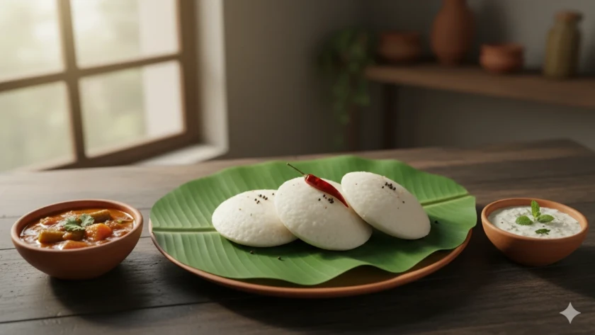 Soft idli with sambar & coconut chutney served on a traditional South Indian plate