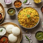 Indian breakfast recipes with poha, dosa, idli and chai on a table