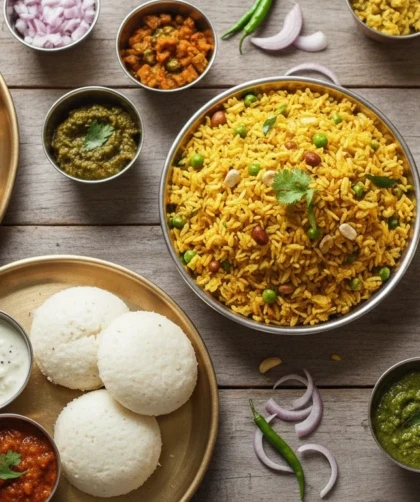 Indian breakfast recipes with poha, dosa, idli and chai on a table