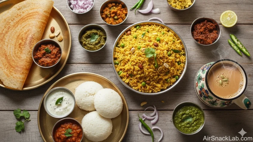 Indian breakfast recipes with poha, dosa, idli and chai on a table