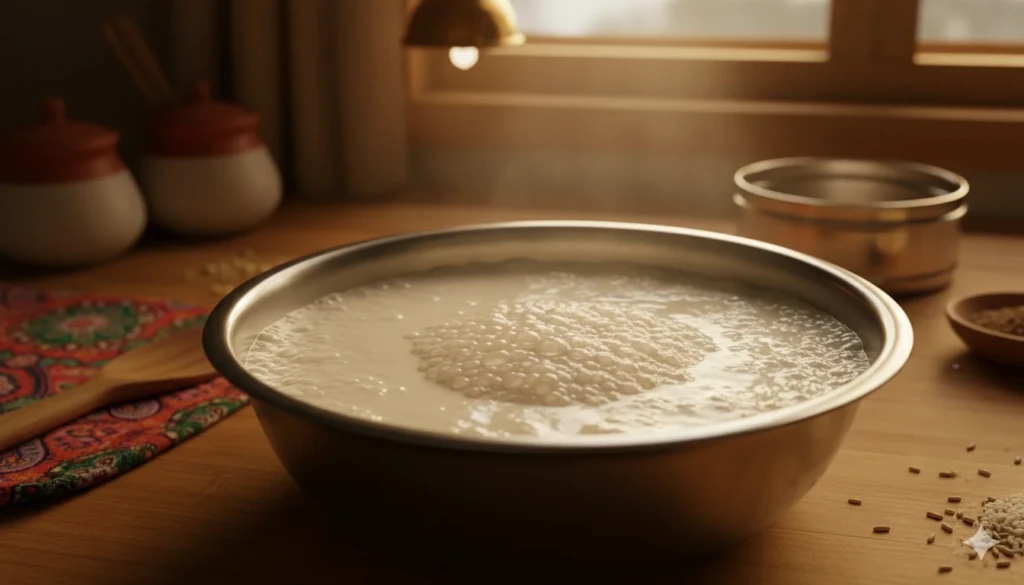 Fermented idli batter ready for steaming idli with sambar & coconut chutney
