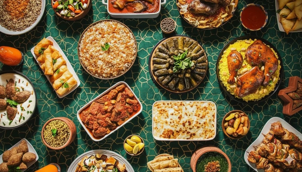 A traditional Ramadan food table featuring iftar meals, suhoor dishes, drinks, and desserts prepared for family fasting during Ramadan.