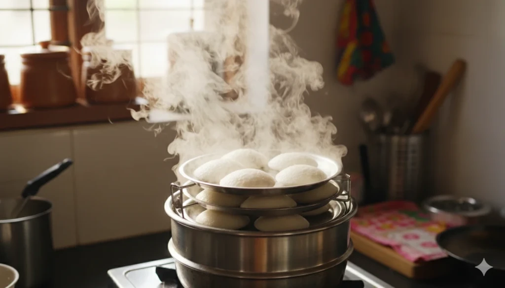 Steaming idlis in an idli stand for idli with sambar & coconut chutney
