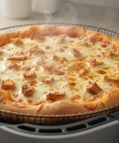 Tandoori chicken pizza cooked in an air fryer with crispy crust and melted cheese