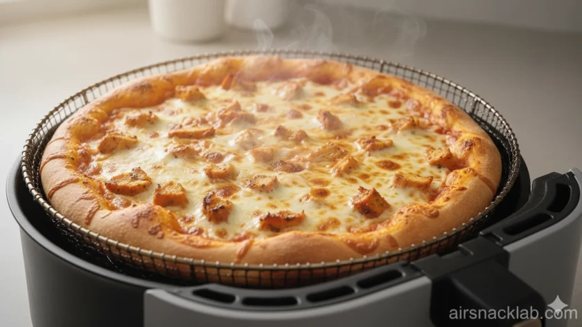 Tandoori chicken pizza cooked in an air fryer with crispy crust and melted cheese