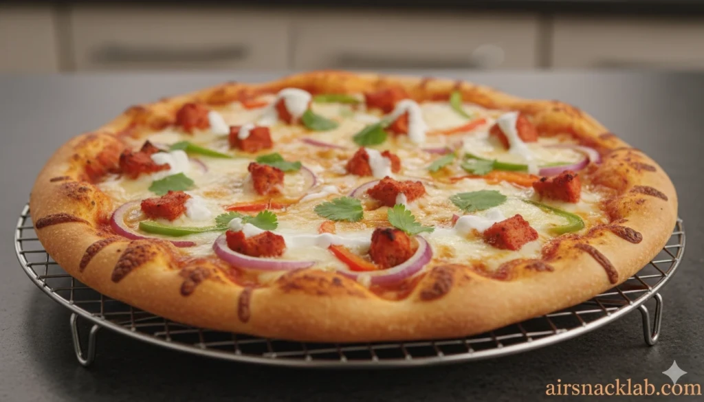 Crispy tandoori chicken pizza with onions and capsicum