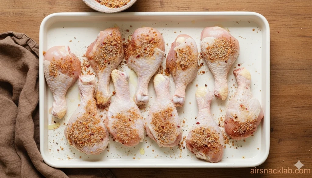 Fresh chicken drumsticks with spices and olive oil coated for air frying.