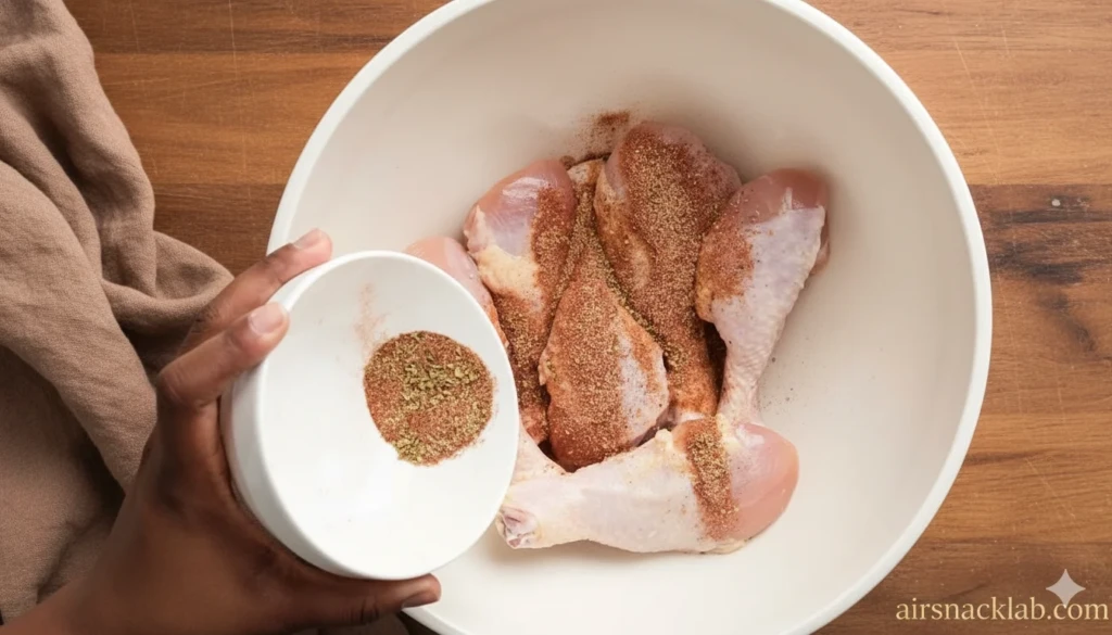 Fresh chicken drumsticks with spices and olive oil prepared for air frying