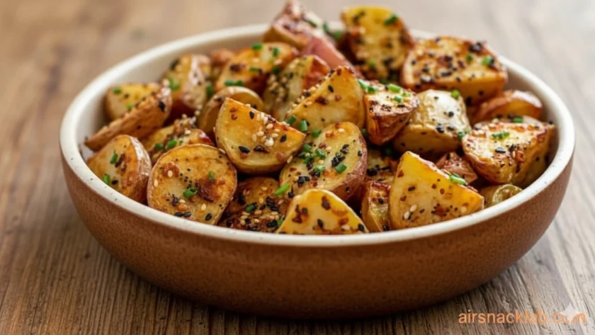 Golden and crispy air fried potatoes served in bowl